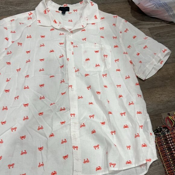 Magaschoni White Linen Viscose Shirt Red Crab Print Short Sleeve Size XL - Picture 2 of 8